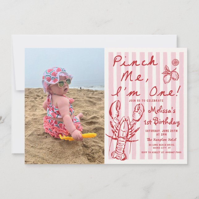 Hand Drawn Lobster 1st Birthday Photo Invitation (Devant)