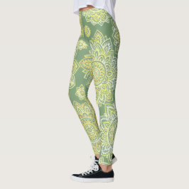 Hand Drawn Mandala Boho Sage Green Leggings