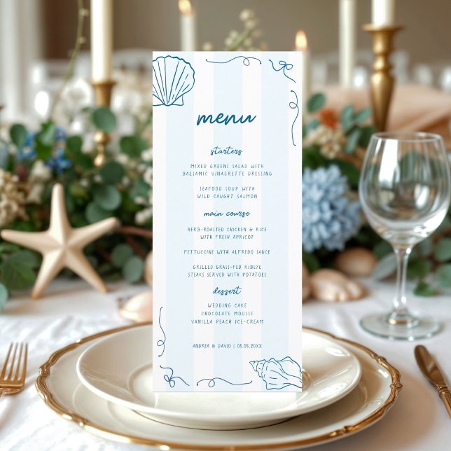 Hand Drawn Nautical Seashell Coastal Wedding Menü Menükarte (Von Creator hochgeladen)