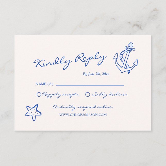 Hand Drawn Nautical Wedding RSVP Begleitkarte (Vorderseite)