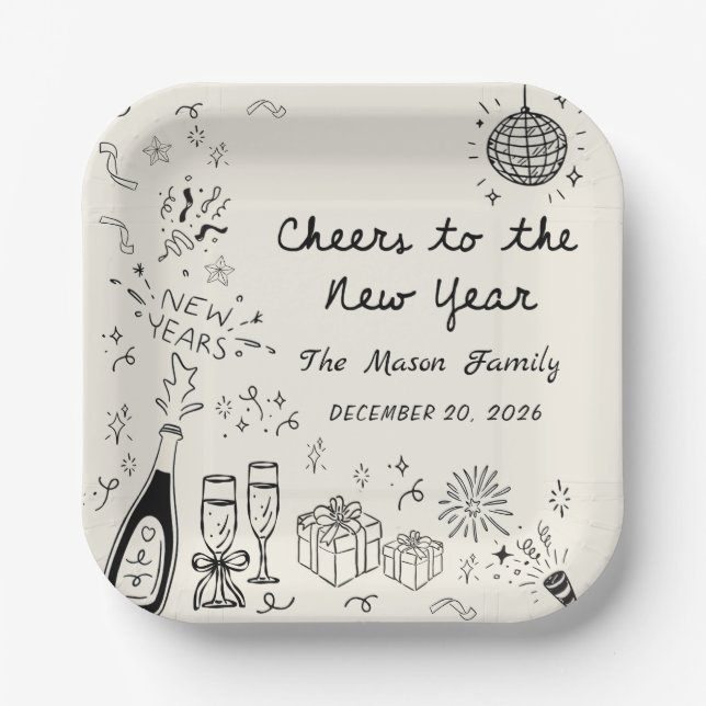 Hand Drawn New Year's Eve Party Paper Plates  Pappteller (Vorderseite)