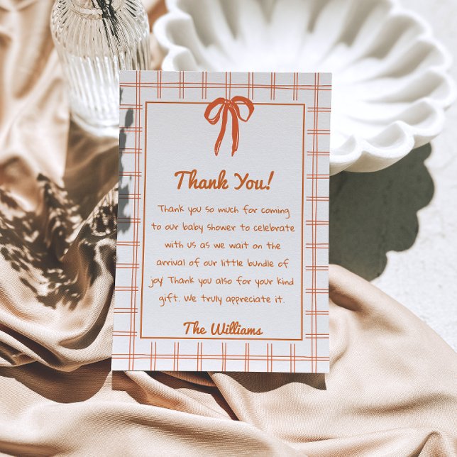 Hand Drawn Orange Gingham Bow Neutral Baby Shower  Dankeskarte (Von Creator hochgeladen)