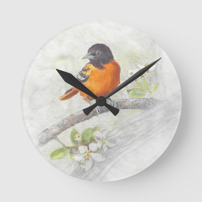 Hand Drawn Oriole Bird Illustration Runde Wanduhr (Vorderseite)