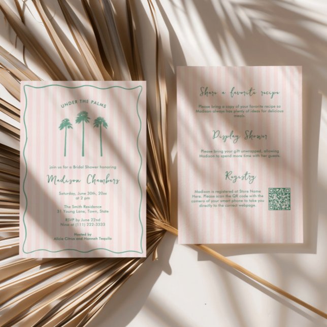 Hand-Drawn Palm Springs Pink Green Bridal Shower Einladung (Preppy pink and green Palm Springs Bridal Shower invitation with hand drawn fan palms & wavy border)