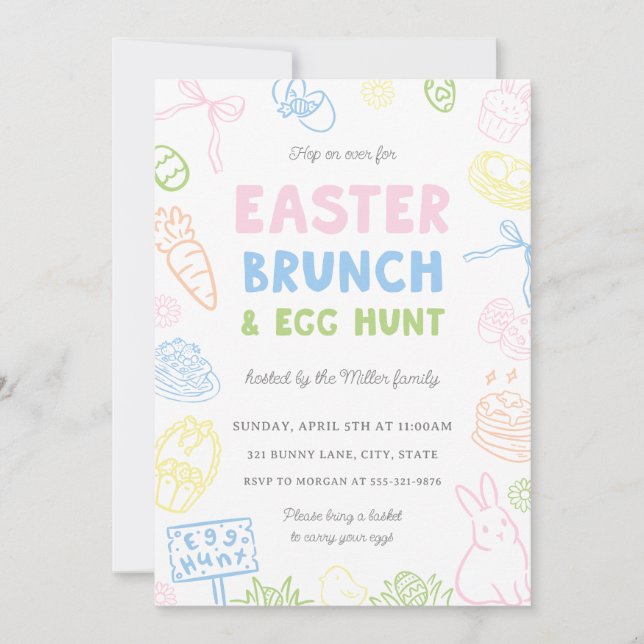 Hand Drawn Pastel Easter Brunch & Egg Hunt Invites (Vorderseite)