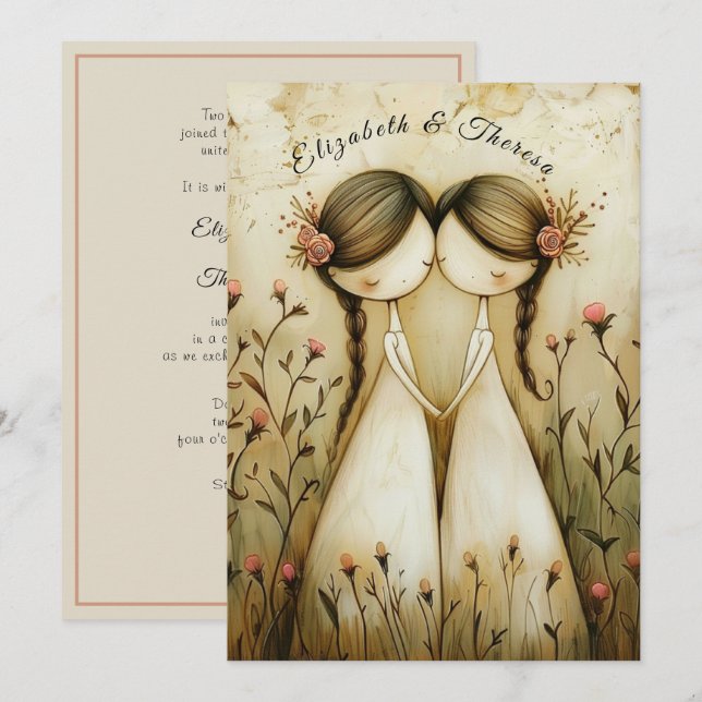 Hand Drawn Pencil Illustration Two Brides Wedding Einladung (Vorne/Hinten)