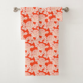 Hand Drawn Peony Floral Coral Red Towel Set