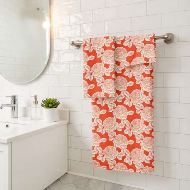 Hand Drawn Peony Floral Coral Red Towel Set (Von Creator hochgeladen)