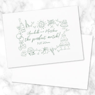 Hand Drawn Perfect Match Green Whimsical Wedding Einladung