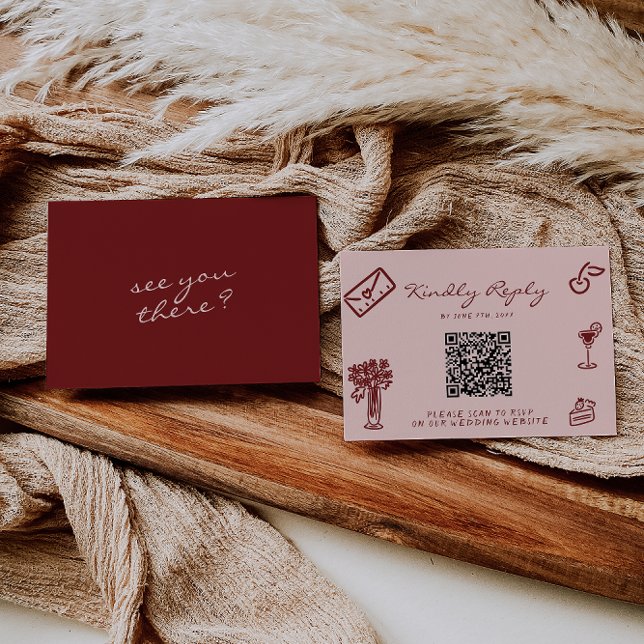 Hand Drawn Pink Burgundy Romantic QR Code Wedding RSVP Karte (Von Creator hochgeladen)