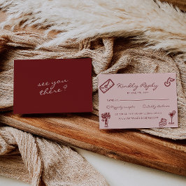 Hand Drawn Pink Burgundy Romantic Wedding RSVP Karte
