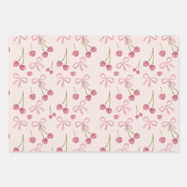 Hand-drawn Pink Cherry Coquette Seamless Pattern Geschenkpapier Set (Vorderseite)