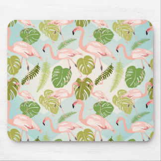 Hand drawn pink Flamingo and monstera leaves. Seam Mousepad