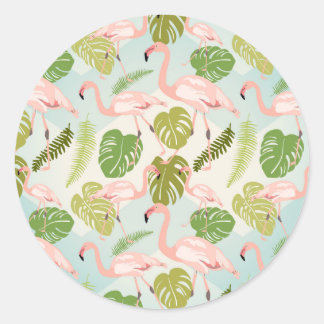 Hand drawn pink Flamingo and monstera leaves. Seam Runder Aufkleber