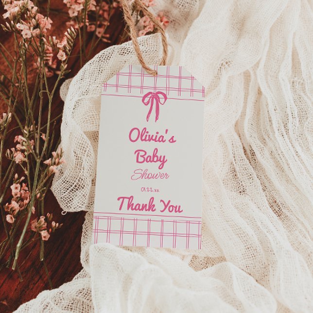 Hand Drawn Pink Gingham Bow Baby Girl Shower Geschenkanhänger (Von Creator hochgeladen)