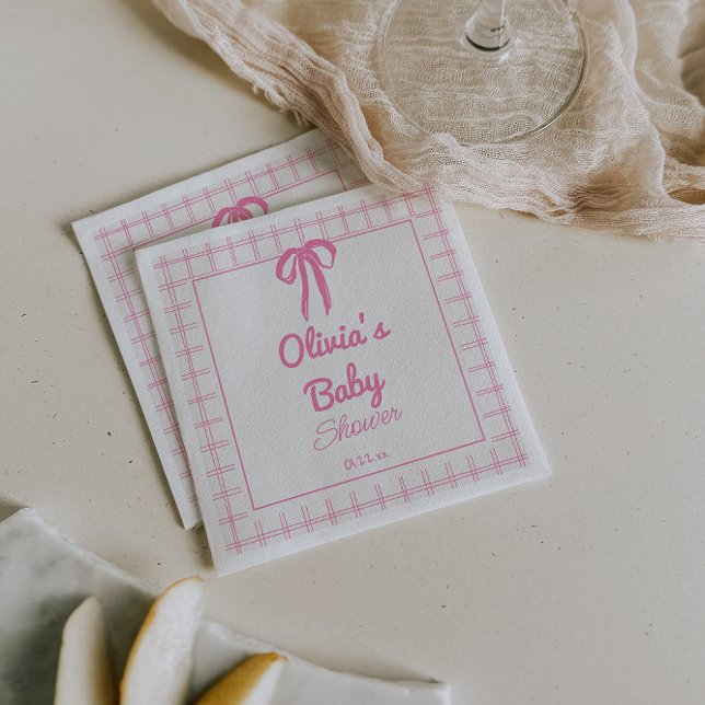 Hand Drawn Pink Gingham Bow Baby Girl Shower Serviette (Von Creator hochgeladen)