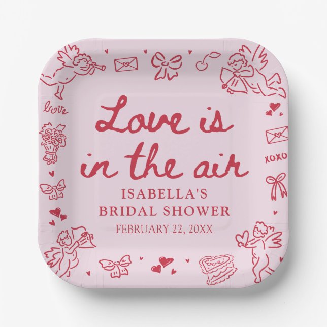 Hand Drawn Pink Red Hearts Valentine Bridal Shower Pappteller (Vorderseite)