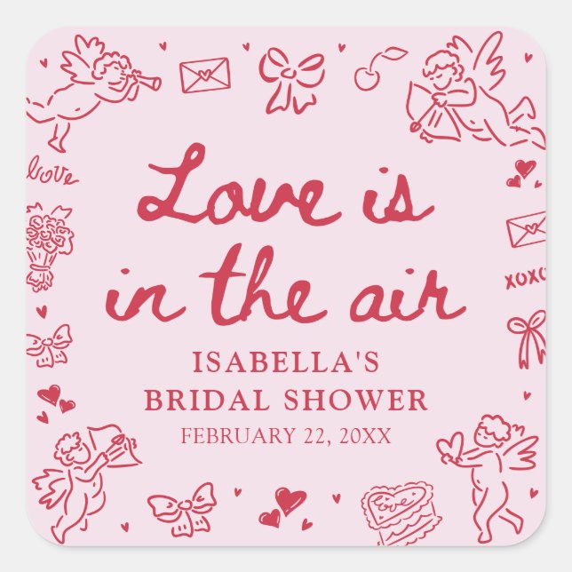 Hand Drawn Pink Red Hearts Valentine Bridal Shower Quadratischer Aufkleber (Vorderseite)