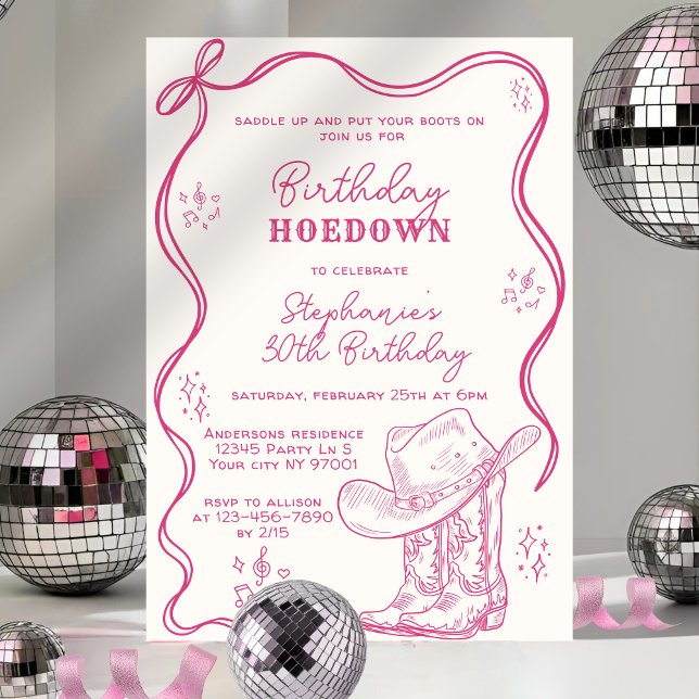 Hand Drawn Pink Western Birthday Hoedown Party Einladung (Von Creator hochgeladen)