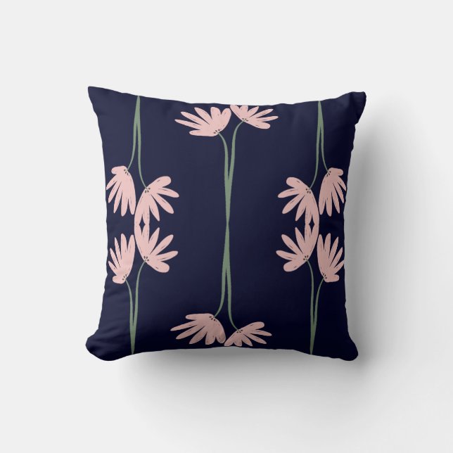 Hand Drawn Pink Wild Flowers Navy Blue Kissen (Vorderseite)