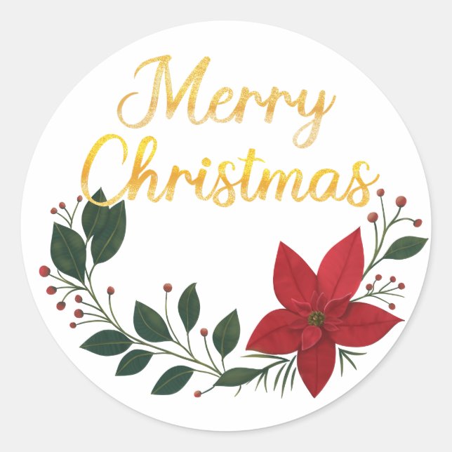 Hand Drawn Poinsettia Blume Frohe Weihnachten Runder Aufkleber (Vorderseite)