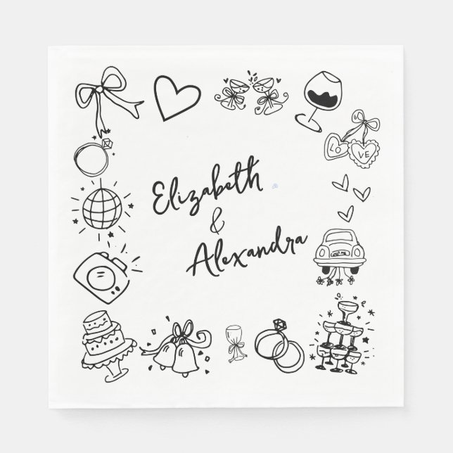 Hand Drawn Quirky French Wedding Serviette (Vorderseite)