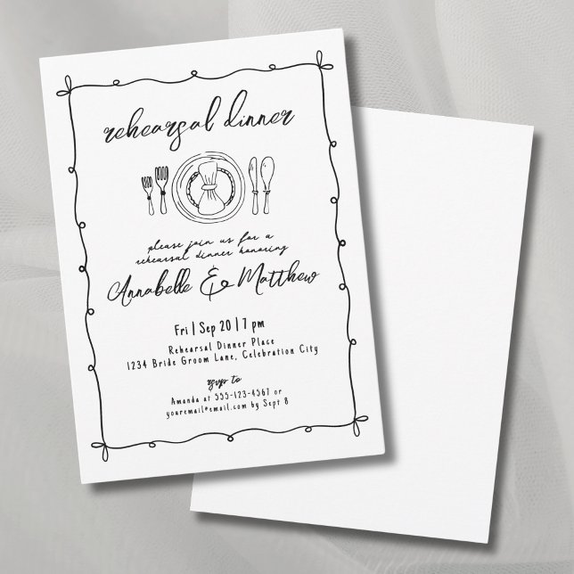 Hand Drawn Quirky Hochzeit Probe Dinner Einladung (Hand Drawn Quirky Wedding Rehearsal Dinner Invitation)