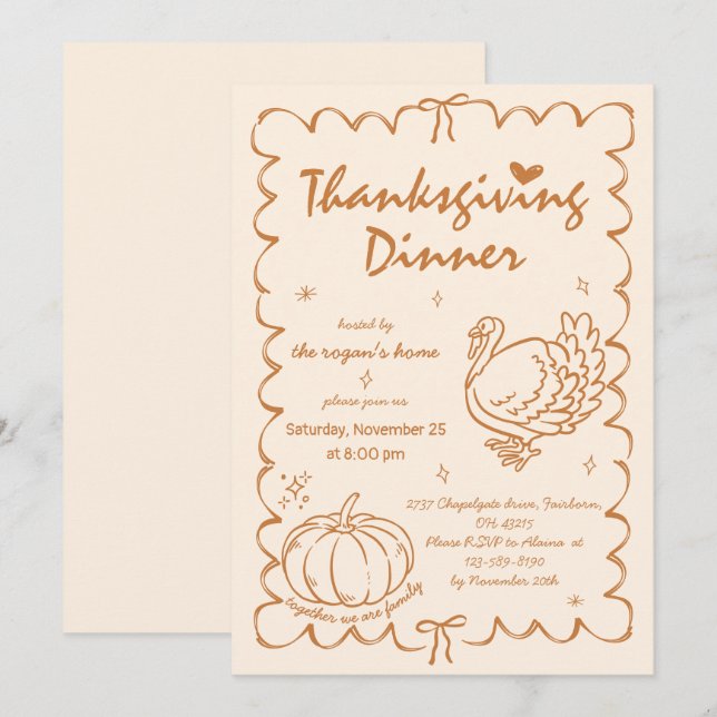 Hand Drawn Quirky Pumpkin Türkei Erntedank Einladung (Vorne/Hinten)