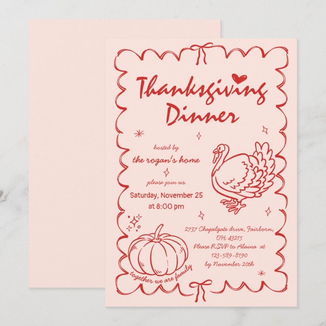 Hand Drawn Quirky Pumpkin Türkei Erntedank Einladung (Vorne/Hinten)
