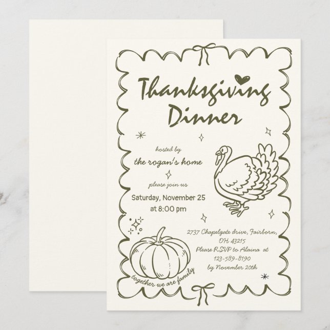 Hand Drawn Quirky Pumpkin Türkei Erntedank Einladung (Vorne/Hinten)
