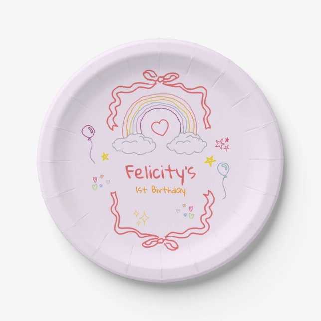 Hand Drawn Rainbow Whimsical Birthday Pappteller (Vorderseite)