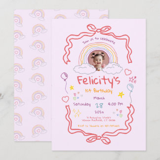 Hand Drawn Rainbow Whimsical Birthday Photo Einladung