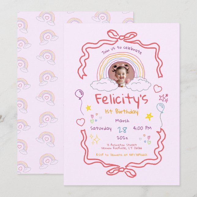 Hand Drawn Rainbow Whimsical Birthday Photo Einladung (Vorne/Hinten)