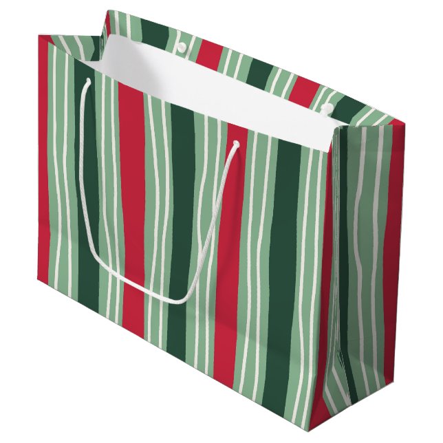 Hand Drawn Red and Green Striped Holiday Große Geschenktüte (Vorderseite Schrägansicht)