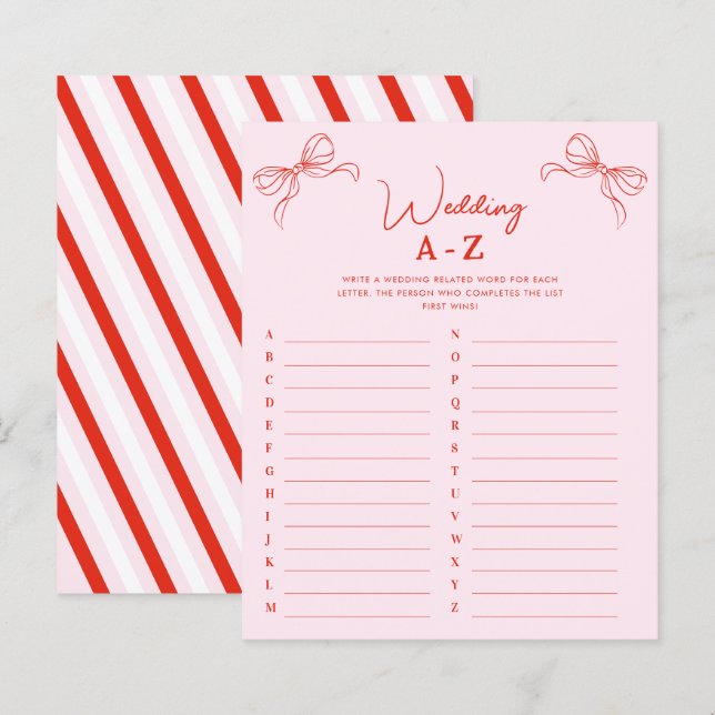 Hand Drawn Red Bow Wedding A-Z Bridal Shower Game (Vorne/Hinten)