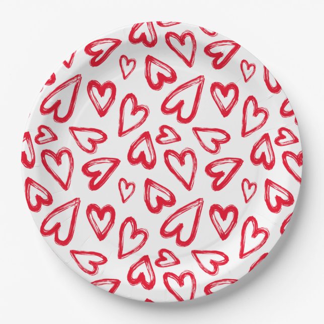 Hand Drawn Red Hearts Pappteller (Vorderseite)