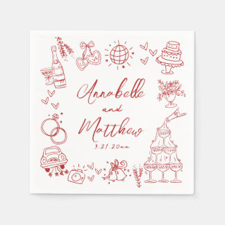 Hand Drawn Red Whimsical Wedding Serviette