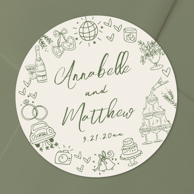 Hand Drawn Retro Wedding Runder Aufkleber (Hand Drawn Retro Wedding Classic Round Sticker)
