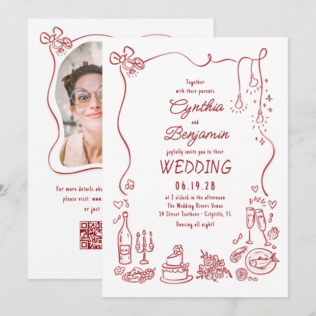 Hand Drawn Retro Whimsical Burgundy Wedding Photo Einladung (Vorne/Hinten)