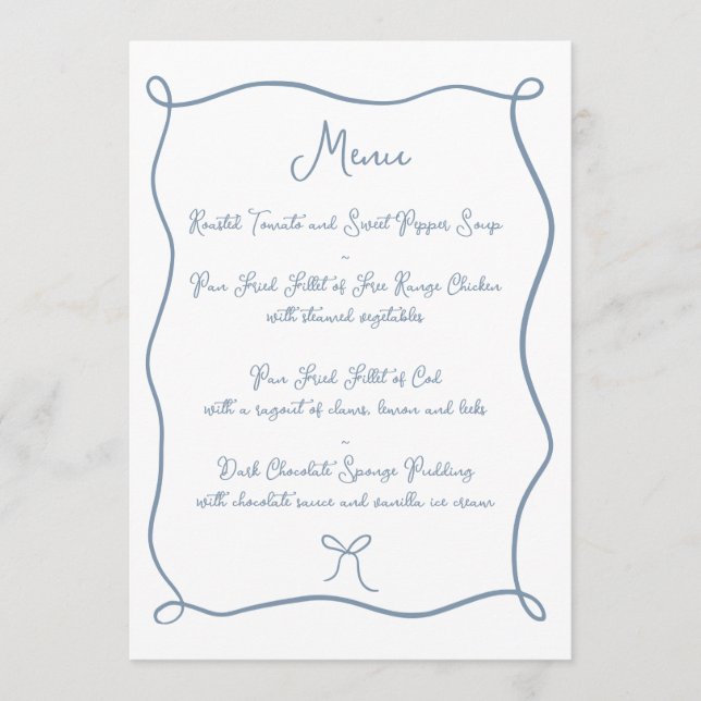 Hand Drawn Ribbon & Bow Dusty Blue Wedding Menükarte (Vorderseite)