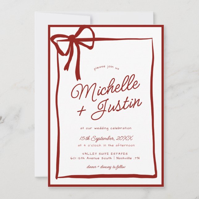 Hand Drawn Ribbon Bow Wedding Einladung (Vorderseite)