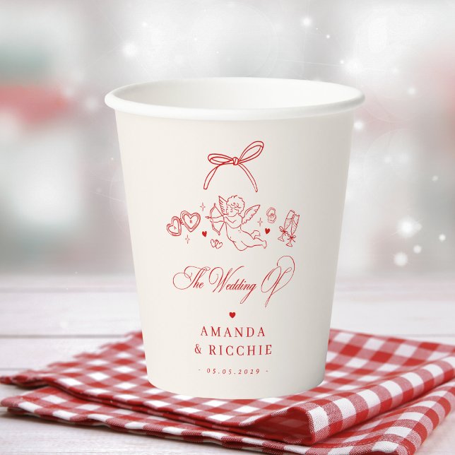 Hand Drawn Ribbon Cherub Vintage Cupid Wedding Pappbecher (Von Creator hochgeladen)