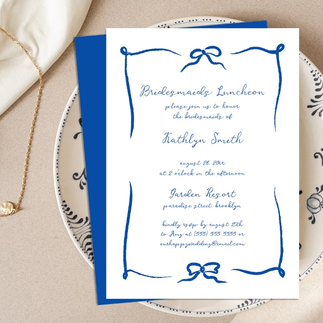 Hand Drawn Ribbon Französisch Blue Bridesmaids Lun Einladung (Von Creator hochgeladen)