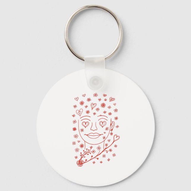 Hand-Drawn Romantic Line Art Face with Hearts and  Schlüsselanhänger (Vorderseite)