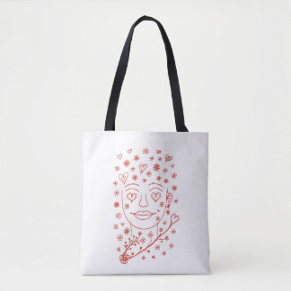 Hand-Drawn Romantic Line Art Face with Hearts and  Tasche