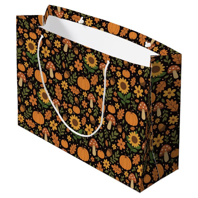 Hand Drawn Rustic Fall Pattern Large Gift Bag Große Geschenktüte (Rückseite Schrägansicht)