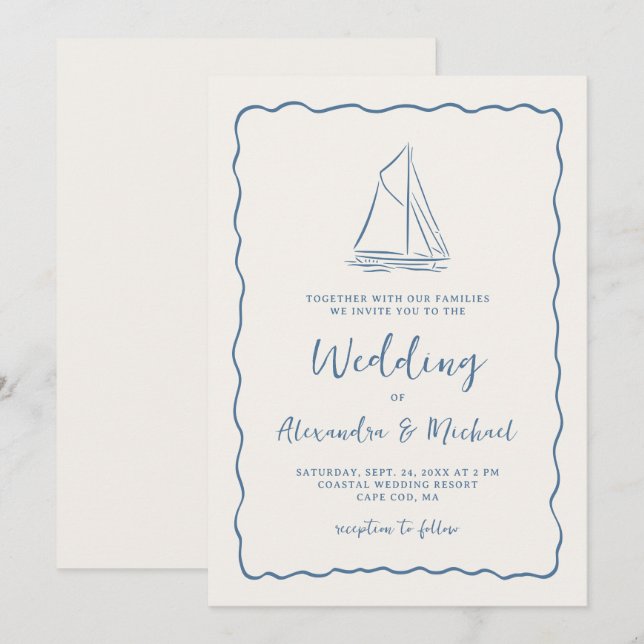 Hand Drawn Sailboat Blue Ivory Nautical Wedding Einladung (Vorne/Hinten)
