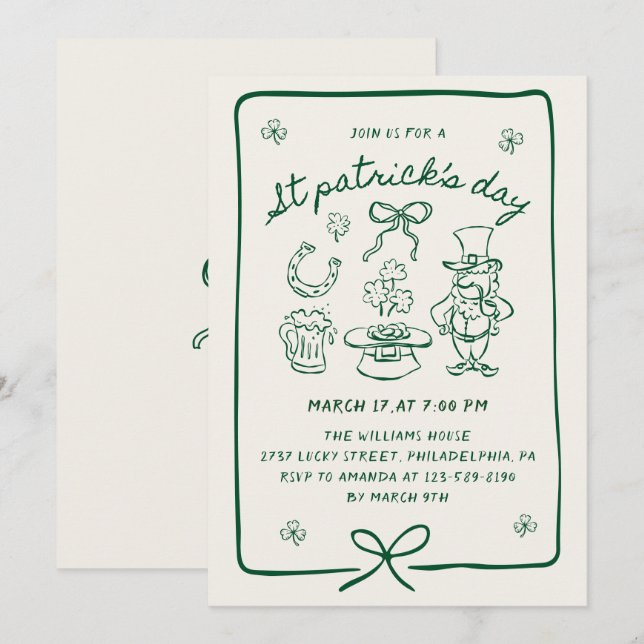 Hand Drawn Scribble Doodles Bow St Patrick's Day  Einladung (Vorne/Hinten)
