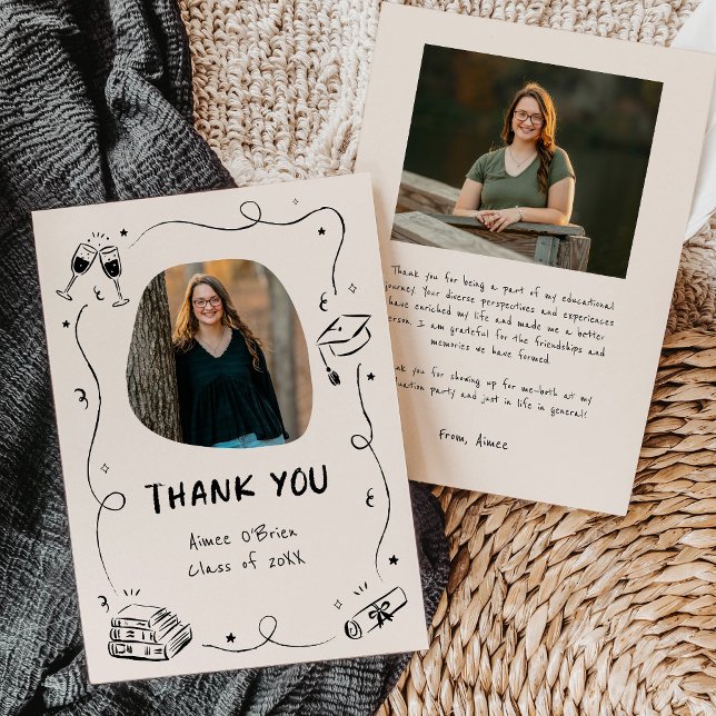 Hand-Drawn Scribble Doodles Graduation Dankeskarte (whimsical scribble doodles graduation thank you cards with sample wording)