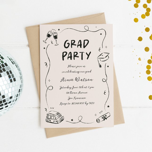 Hand-Drawn Scribble Doodles Graduation Party  Einladung (quirky graduation party invitation with whimsical doodles)